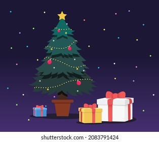 Trees and gifts for Christmas and year-end events illustration set. star, light, present, event. Vector drawing. Hand drawn style.