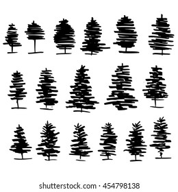 Trees graphic hand drawn vector engraving doodle sketch isolated on white background, vintage style, template for design pattern, collection of brush, printing, elements package organic eco product