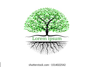 Trees with green leaves look beautiful and refreshing. Tree and roots LOGO style.