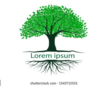 Trees with green leaves look beautiful and refreshing. Tree and roots LOGO style.