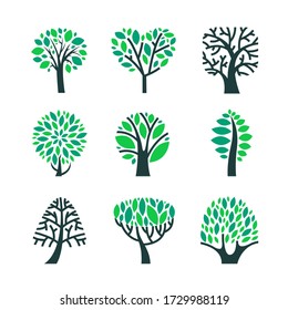 Trees with Green Leaves on Branches Set Isolated on White Background. Summer or Spring Season Foliar Plants, Forrest, Nature or Eco Design Element, Cut Out Objects. Cartoon Vector Clipart Illustration