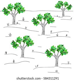 trees with green leaves on a white background, garden, landscape. Freehand drawing vector illustration. for wallpaper, web page background,fabric,surface textures, gifts,wrapping paper,scrap booking

