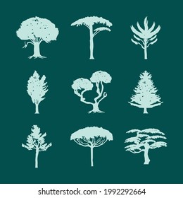 trees green silhouette botanic set