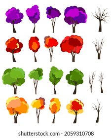 The trees are green, yellow, purple. Branches and trunks. Set of vector illustrations