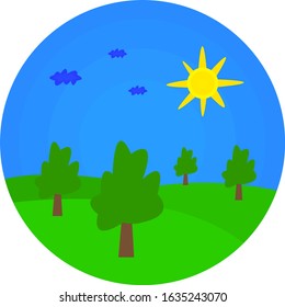 trees grow in a green meadow under a blue sky and the bright sun is pure and nobody around beautiful landscape round logo for design