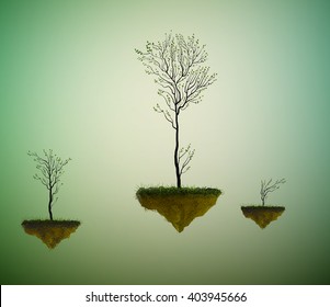 trees growing on the flying rocks, garden in the dreamland, magic garden, vector
