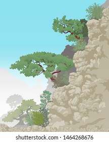 Trees growing on a rock. Vector illustration, flat design style.