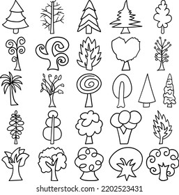 Trees Hand Drawn Doodle Line Art Outline Set Containing Trees, Tree, Plant, Wood, Arbor, Woods, Arbour, Flora, Forest, Sapling, Seedling, Shrub, Timber, Pulp, Stock, Topiary