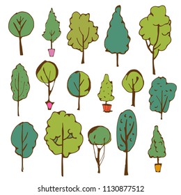 Trees hand drawn isolated on white background. Design elements set