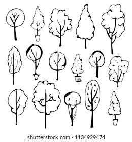 Trees hand drawn isolated on white background. Design elements set