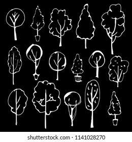 Trees hand drawn isolated on black background. Design elements set