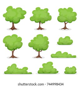 Trees, Hedges And Bush Set/
Illustration of a set of cartoon spring or summer trees and other green forest elements, with bush, hedges
