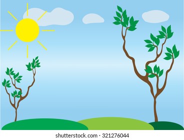 Trees, hills, sky and the sun in the summer stylized child painting