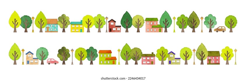 Trees and houses decoration, hand drawn watercolor illustration (vector)