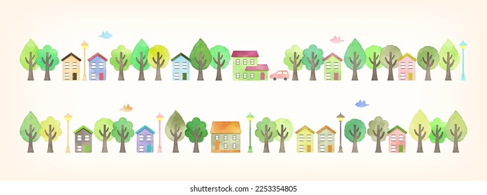 Trees and houses decoration, hand drawn watercolor illustration (vector)