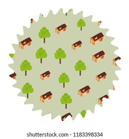 Trees and houses round label