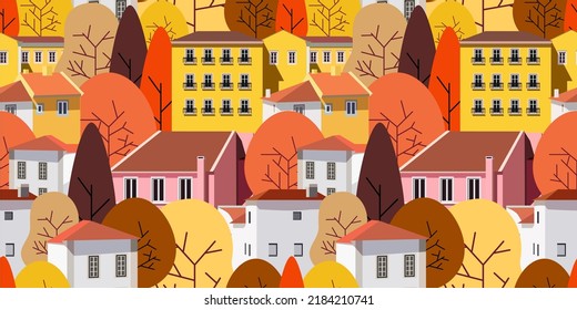 Trees and houses seamless pattern. Autumn, fall city landscape. Perfect for backdrop, banner, poster, wrapping paper, wallpaper, textile, fabric.