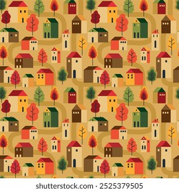 Trees and houses seamless pattern. Autumn, fall city landscape. wrapping paper, wallpaper, textile, fabric etc.
