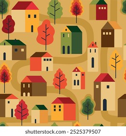 Trees and houses seamless pattern. Autumn, fall city landscape. wrapping paper, wallpaper, textile, fabric etc.