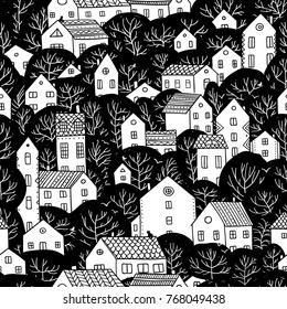 Trees and houses seamless pattern. City landscape. Can be printed and used as wrapping paper, wallpaper, textile, fabric etc. 