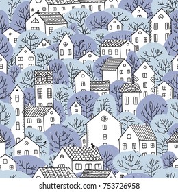 Trees and houses seamless pattern. Winter snowy landscape. Can be printed and used as christmas wrapping paper, wallpaper, textile, fabric etc. 