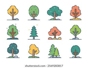 Trees Icon in flat style collection. Botanical set of trees color. Different type of tree isolated on white background. Design element. Vector illustration.