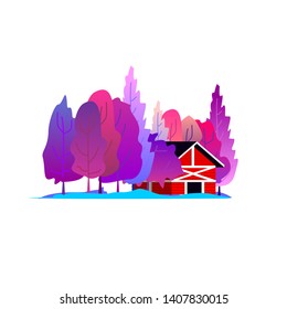 trees icon for nature theme design, purple blue trees with farm house
