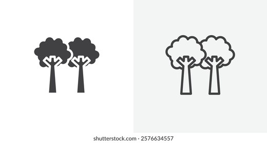 Trees icon set in black flat solid and outlined style.
