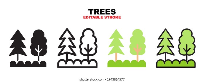 Trees icon set with different styles. Icons designed in filled, outline, flat, glyph and line colored. Editable stroke and pixel perfect. Can be used for web, mobile, ui and more.