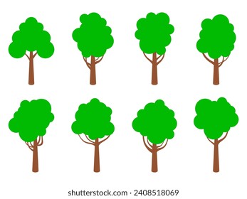 Icono de árboles aislado en fondo blanco. Colección de árboles con follaje verde de estilo plano. Diseño de árbol para afiches, banners y artículos promocionales. Ilustración del vector