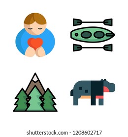 trees icon set. vector set about hugh, forest, canoe and hippopotamus icons set.