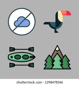 trees icon set. vector set about toucan, cloudless, forest and canoe icons set.