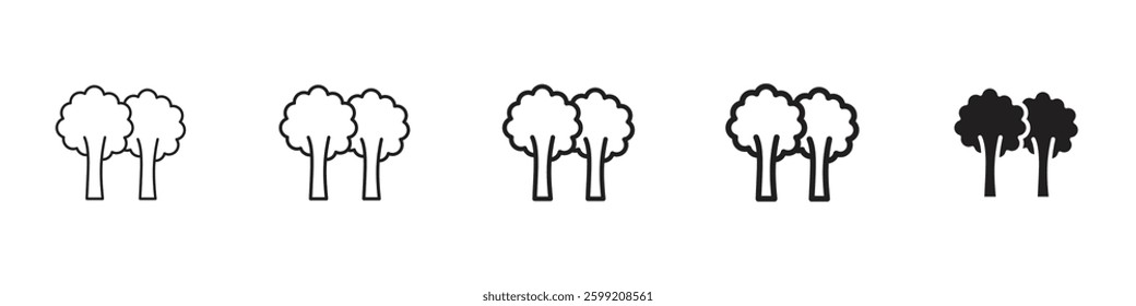 Trees icons in black outline, solid and colored style
