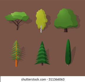 Trees icons in flat style and long shadow. Detailed flat style. Spruce and oak, birch and cypress, acacia and pine