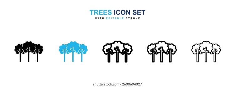 Trees icons graphics set in black and blue colors