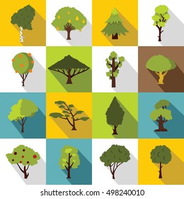 Trees icons set. Flat illustration of 16 trees vector icons for web