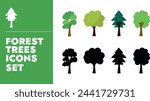 Trees icons set. Forest trees icons set with different shapes and shades of tress in green colour and silhouette black colour. Icons set vector illustration. 
