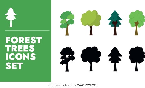 Trees icons set. Forest trees icons set with different shapes and shades of tress in green colour and silhouette black colour. Icons set vector illustration. 