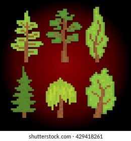 Trees icons set. Pixel art. Old school computer graphic style. Games elements.