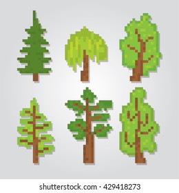 Trees icons set. Pixel art. Old school computer graphic style. Games elements.