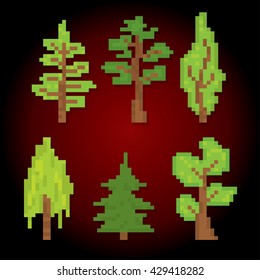 Trees icons set. Pixel art. Old school computer graphic style. Games elements.