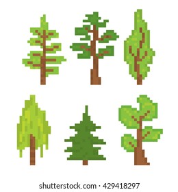 Trees icons set. Pixel art. Old school computer graphic style. Games elements.