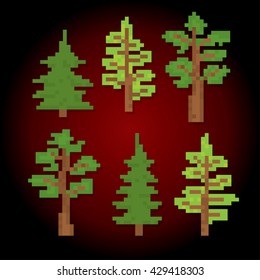 Trees icons set. Pixel art. Old school computer graphic style. Games elements.