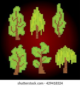 Trees icons set. Pixel art. Old school computer graphic style. Games elements.