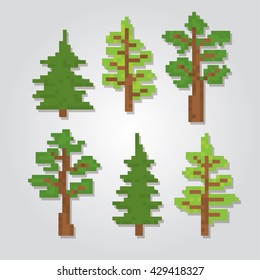 Trees icons set. Pixel art. Old school computer graphic style. Games elements.