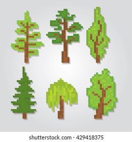 Trees icons set. Pixel art. Old school computer graphic style. Games elements.