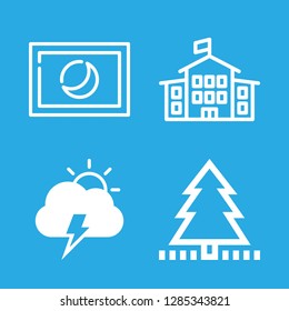 trees icons set with school building with flag, electric storm day weather symbol and astro photography vector set