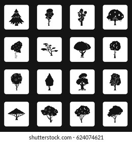 Trees icons set in white squares on black background simple style vector illustration