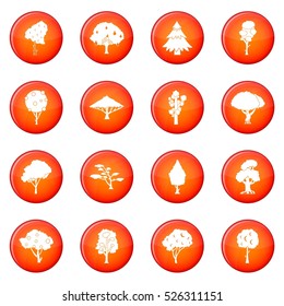 Trees icons vector set of red circles isolated on white background