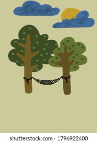 Trees Illustration with Cloud and Sun Suitable for Poster Design, etc